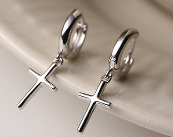 Cubic Zirconia Sterling Silver Hoop Earrings - Dangling Cross