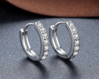 Cubic Zirconia Sterling Silver Huggie Earrings -Single Row