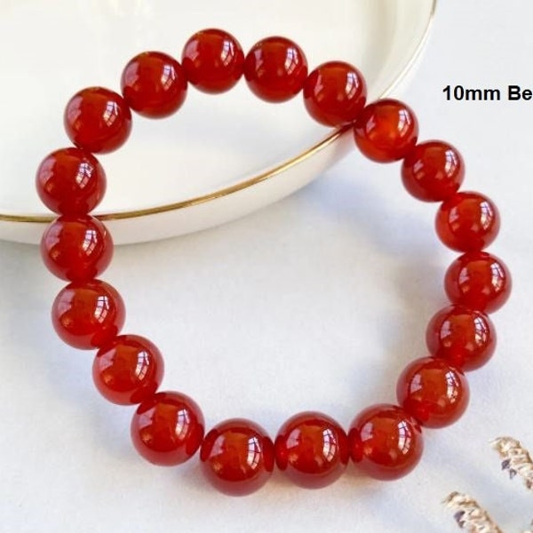 High Grade Red Agate Beaded  Bracelet • Natural Red Agate Bracelet • 10mm Beads • Gemstone Bracelet