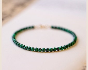 Tiny Genuine Malachite Beaded Bracelet • Genuine Malachite Bracelet • 3mm Round Beads • Gift for Her