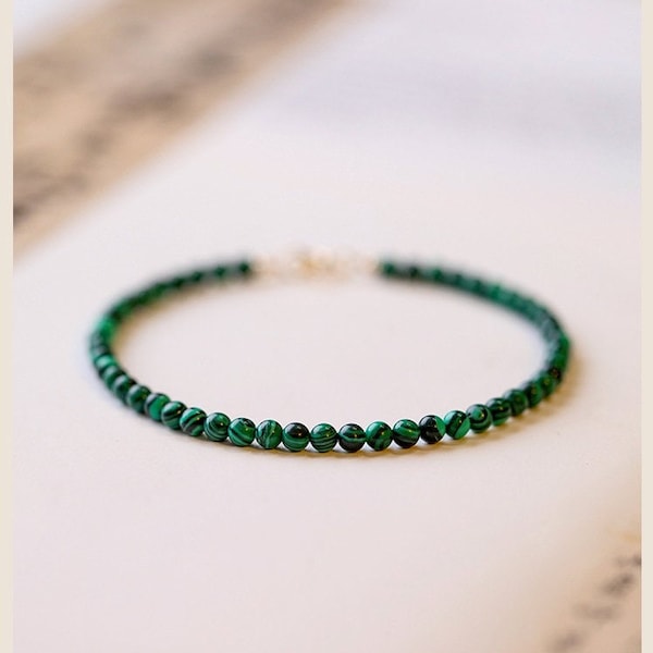 Tiny Genuine Malachite Beaded Bracelet • Genuine Malachite Bracelet • 3mm Round Beads • Gift for Her