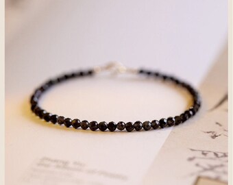 Genuine Tiny Black Obsidian Beaded Bracelet • Natural Black Obsidian Bracelet • 3mm Faceted Round Beads • Gift for Her