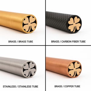 May include: Close-up of four tubes with a cloverleaf design on the end. The tubes are brass, carbon fiber, stainless steel, and copper. Text on the image reads: BRASS / BRASS TUBE, BRASS / CARBON FIBER TUBE, STAINLESS / STAINLESS TUBE, and BRASS / COPPER TUBE.