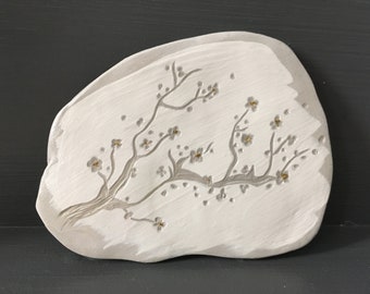 Cherry Blossoms Sgraffito Clay Decor, Clay Carving, Pottery Art for Bedroom, Office, Calm Space. Gift for Gardener/Nature-Lover/Plant-Lover.