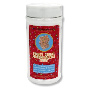 May include: A clear plastic container with a white lid, featuring a red label with the text "Fruity Cereal Marshmallow Treat." The label includes an illustration of a cereal treat and instructions. The net weight is 6 oz.