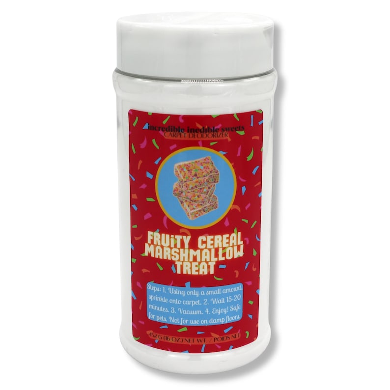 May include: A clear plastic container with a white lid, featuring a red label with the text "Fruity Cereal Marshmallow Treat." The label includes an illustration of a cereal treat and instructions. The net weight is 6 oz.
