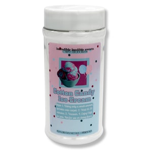 May include: A clear plastic container with a white lid, labeled "Cotton Candy Ice Cream" carpet deodorizer. The label features an illustration of ice cream and cotton candy. The container holds 6 oz of product.