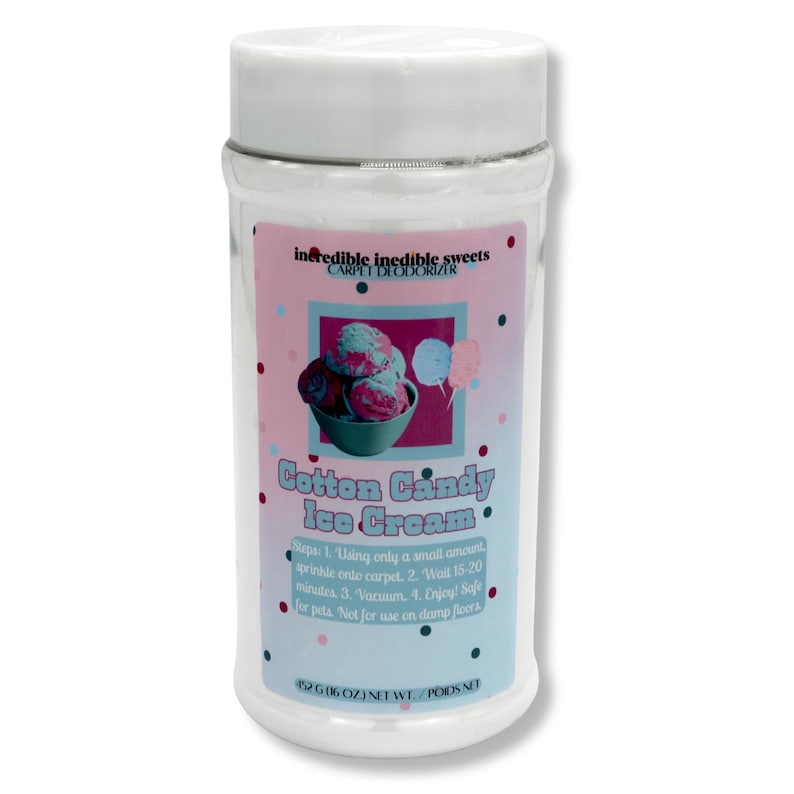 May include: A clear plastic container with a white lid, labeled "Cotton Candy Ice Cream" carpet deodorizer. The label features an illustration of ice cream and cotton candy. The container holds 6 oz of product.