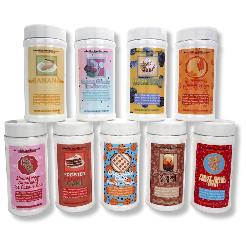 May include: A collection of ten white plastic containers with various dessert labels. Flavors include Banana, Cotton Candy Ice Cream, Lemon Pound Cake, Strawberry Shortcake Ice Cream Bar, Frosted Carrot Cake, Chocolate Chip Cookie Dough, Espresso, and Fruity Cereal Marshmallow Treat.