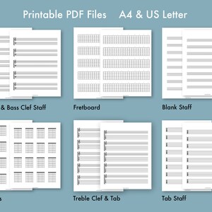 May include: Printable PDF files for music notation, including treble and bass clef staff, fretboard, blank staff, chords, treble clef and tab, and tab staff. The files are available in A4 and US Letter sizes.