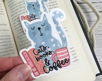 Cats Coffee and Books Sticker | cat Lover Sticker | Cozy Coffee Sticker | Booklover  Laptop Sticker
