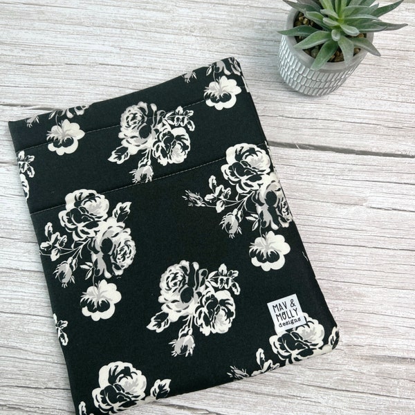 Dark Floral Sleeve | Black and White Book Cover | Tablet Cover | Black and White Roses Book Sleeve | Booklover Gift