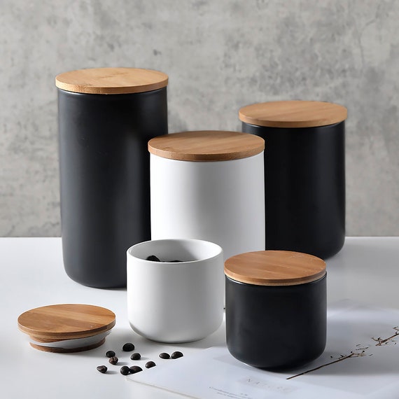 Ceramic Cylinder Storage Jar With Wood, Ceramic Storage Jars With Lids
