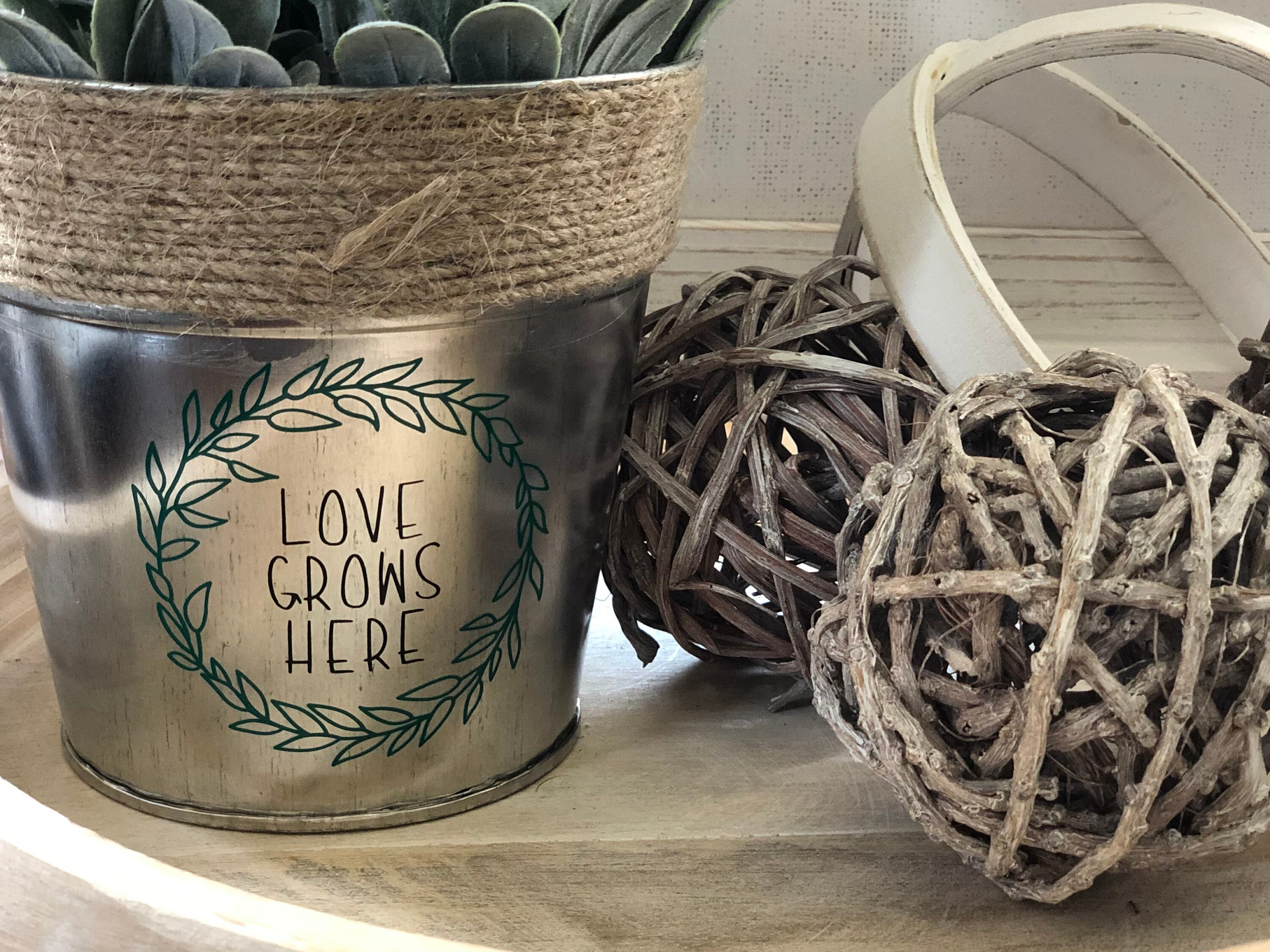 Metal Bucket Vase with Rope Accents Love Grows Here Wreath Etsy