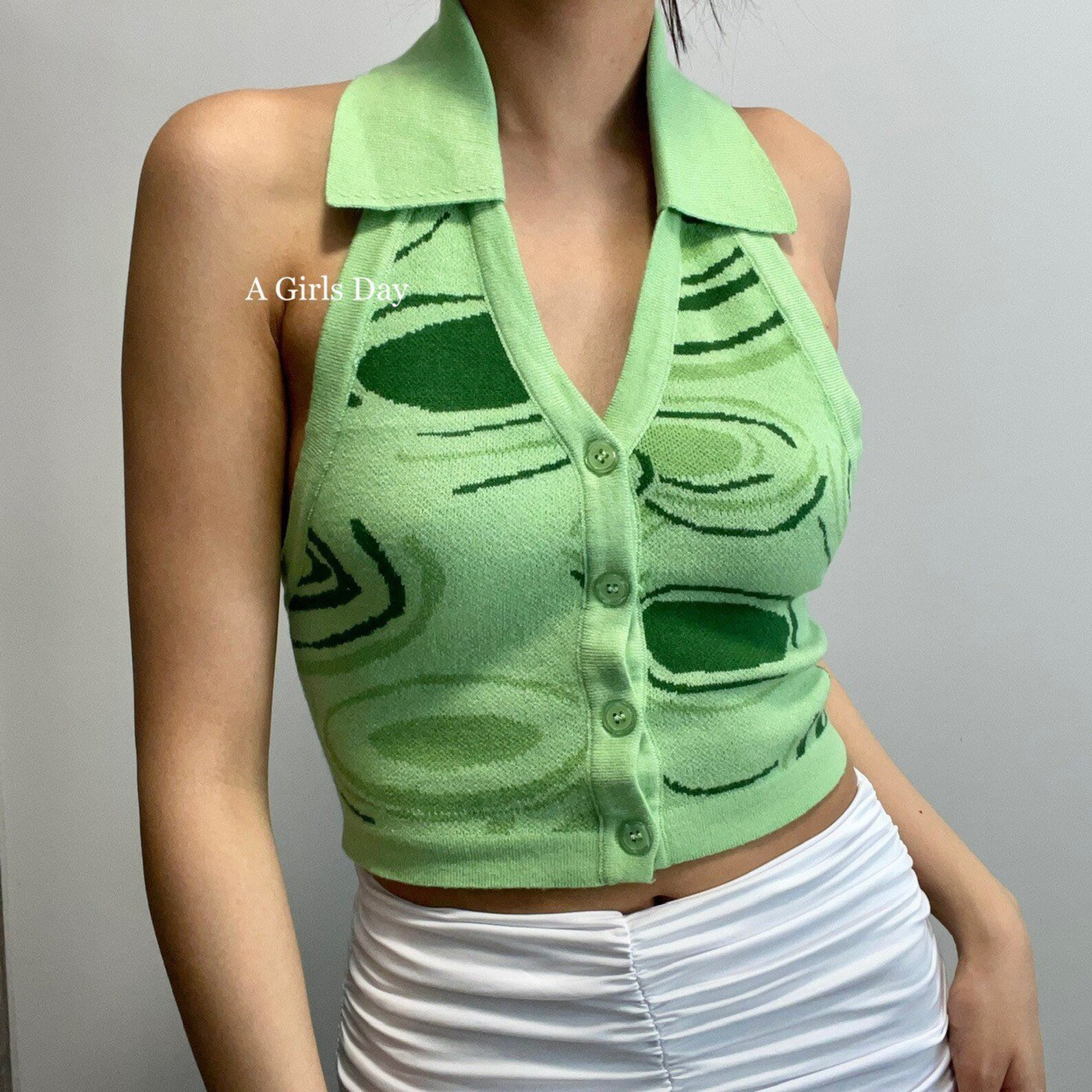 Green Halter Sleeveless Knitted Crop Top Women Sexy Backless Etsy