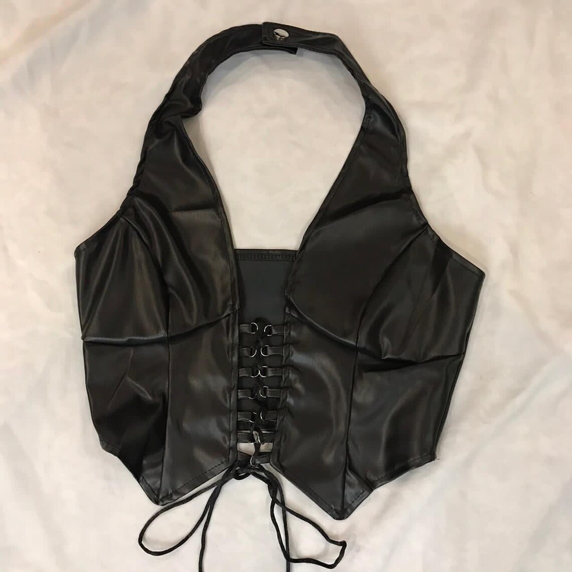 Women black PU Leather criss Cross lace up front halter top | Etsy