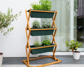 Hochbeet für Balkon aus Holz, Kräuterbeet 3 Etagen mit Drainagesystem – Gemüsebeet, vertikaler Garten mit Wasserstandsanzeige, vormontiert
