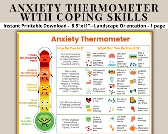 Anxiety Thermometer With Coping Skills - Feelings Emotions Chart Poster Kids Teens Printable Awareness Sheet Therapy Counselor Digital Print