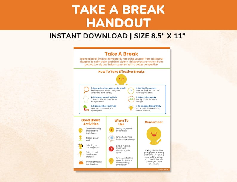 Take A Break Coping Skills Poster-therapy Tools Kids Teens Adults-self ...
