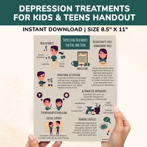 Depression Awareness Printable Mental Health - Depression Treatments For Kids & Teens Therapy Therapist Handout Child Adolescent Poster