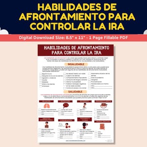 May include: A printable worksheet with a red, white, and black color scheme. The worksheet is titled "Habilidades de Afrontamiento para Controlar la Ira" and provides a list of coping skills for managing anger. The skills are categorized as "Insaludable", "Saludable", "Relajación", "Distracción", "Movimiento", "Pensamiento/Mental", "Liberación Emocional", "Comunicación", "Flexible", and "Salidas Creativas".