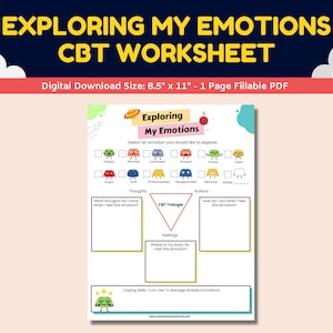 Op de afbeelding: Een CBT-werkblad getiteld "Mijn emoties verkennen" in een invulbaar PDF-formaat. Het werkblad bevat secties voor het verkennen van emoties, gedachten, acties en copingvaardigheden. De digitale downloadgrootte is 21,6 cm x 27,9 cm.
