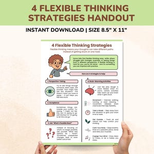 Op de afbeelding: Een handout getiteld "4 Flexibele Denkstrategieën" met de tekst "Direct downloaden | Formaat 8,5" x 11". De handout bevat illustraties en tekst die flexibel denken en strategieën uitleggen.