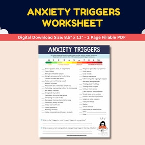 May include: A printable anxiety triggers worksheet with a red, yellow, and green scale from 0 to 10. The worksheet lists common anxiety triggers, such as school quizzes, fear of failure, and large crowds. It also includes questions about the triggers and coping skills.