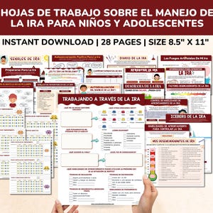 Puede incluir: Un conjunto de 28 hojas de trabajo imprimibles en español para niños y adolescentes para ayudarlos a controlar la ira. Las hojas de trabajo incluyen actividades como identificar los desencadenantes de la ira, practicar habilidades de afrontamiento y desarrollar un plan para controlar la ira.