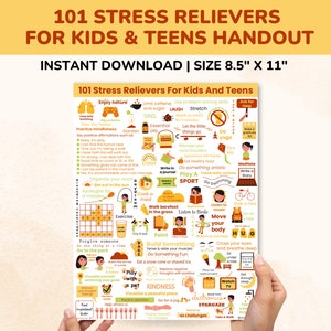 Stress Relief Printable Poster-101 STRESS RELIEVERS for kids & teens-Stress Management Coping Skills-Stress Tools Child Therapy Gift Handout