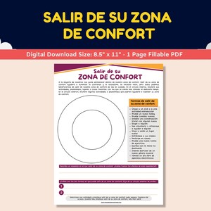 May include: A printable worksheet titled "Salir de su Zona de Confort" with a circle divided into three concentric circles. The text "Formas de salir de su zona de confort" is listed with bullet points of ways to step outside of one's comfort zone.