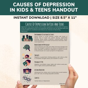 Health Education Printable-Causes of Depression In Kids & Teens Depression Awareness-Therapy Therapist Counseling Handout Child Adolescent