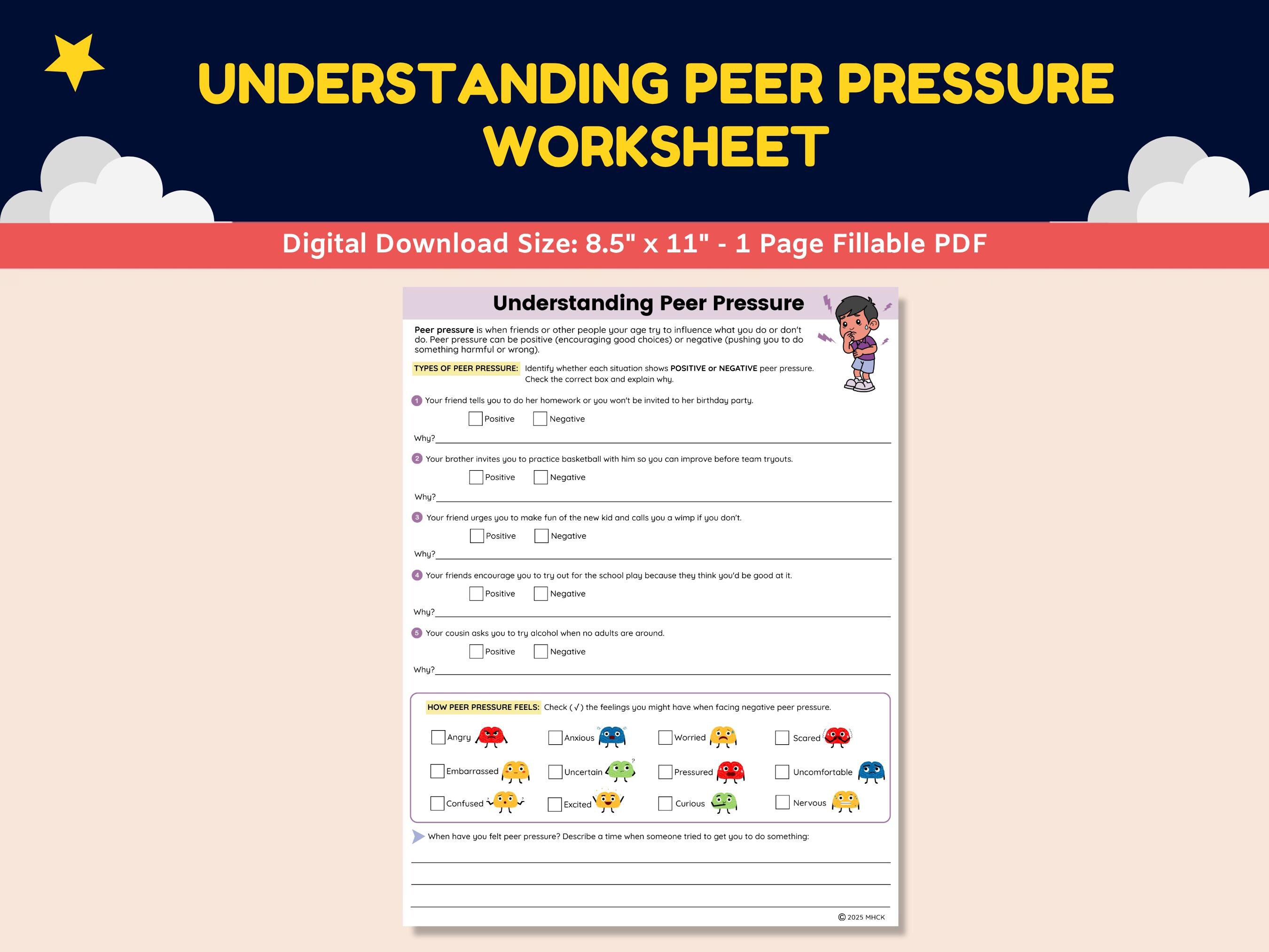 Peer Pressure Social Skills Worksheets for Kids-teens-students | Child ...