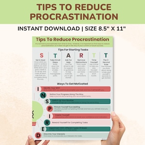 May include: A poster titled "TIPS TO REDUCE PROCRASTINATION" with the text "INSTANT DOWNLOAD | SIZE 8.5" X 11"". The poster provides tips for starting tasks and ways to get motivated. The poster is held by a person.