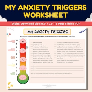 Anxiety Triggers Fillable Worksheet Kids Children With Anxiety Thermometer - Mental Health Printable Therapy Counseling Treatment Worksheets
