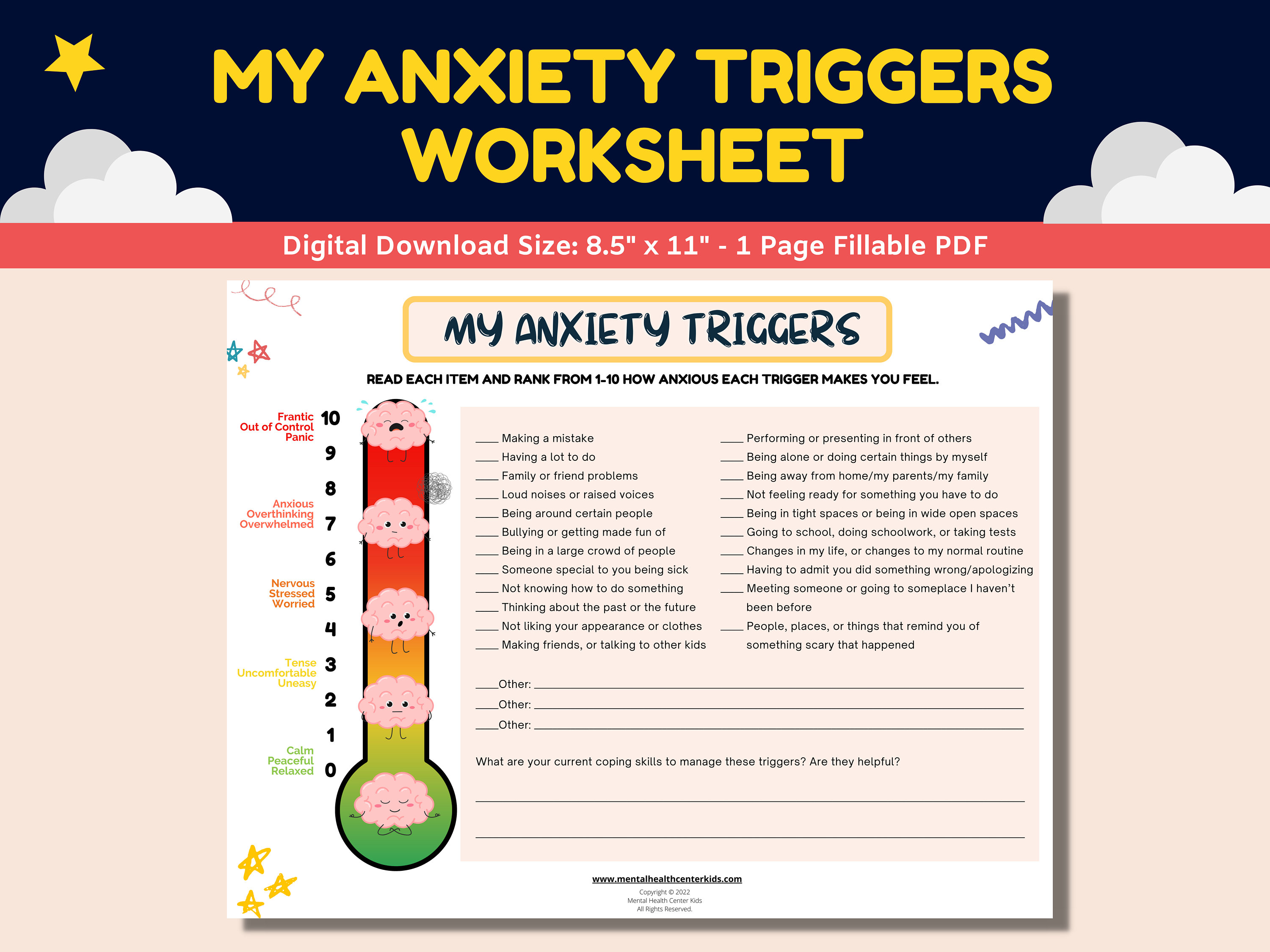 Anxiety Triggers Fillable Worksheet Kids Children With Anxiety Thermometer - Mental Health Printable Therapy Counseling Treatment Worksheets