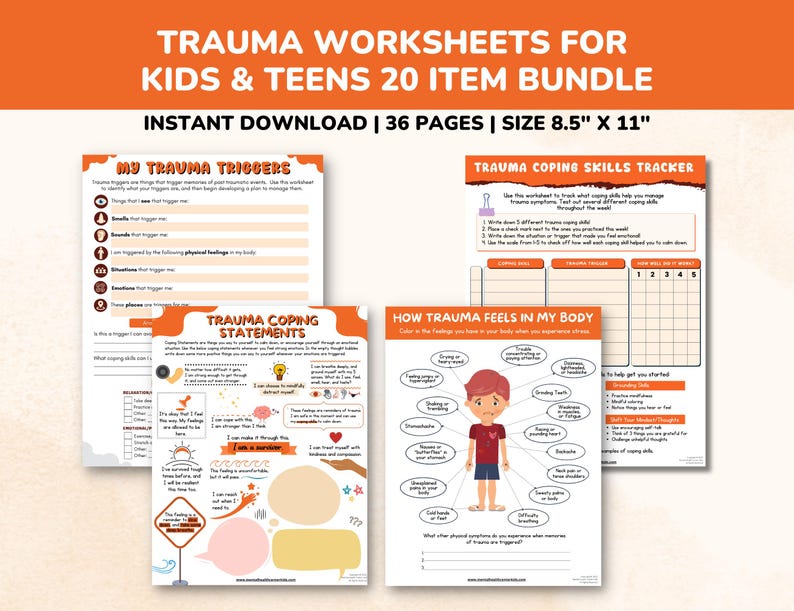 Trauma PTSD Worksheets 20 Item Printable Bundle for Kids & Teens-child ...