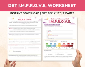 Pode incluir: Uma folha de trabalho imprimível DBT I.M.P.R.O.V.E. para habilidades de tolerância à angústia. A folha de trabalho inclui seções para imagens, significado, oração, relaxamento, uma coisa no momento, férias e incentivo. A folha de trabalho também inclui uma seção para refletir sobre a situação de crise depois de usar as habilidades I.M.P.R.O.V.E.