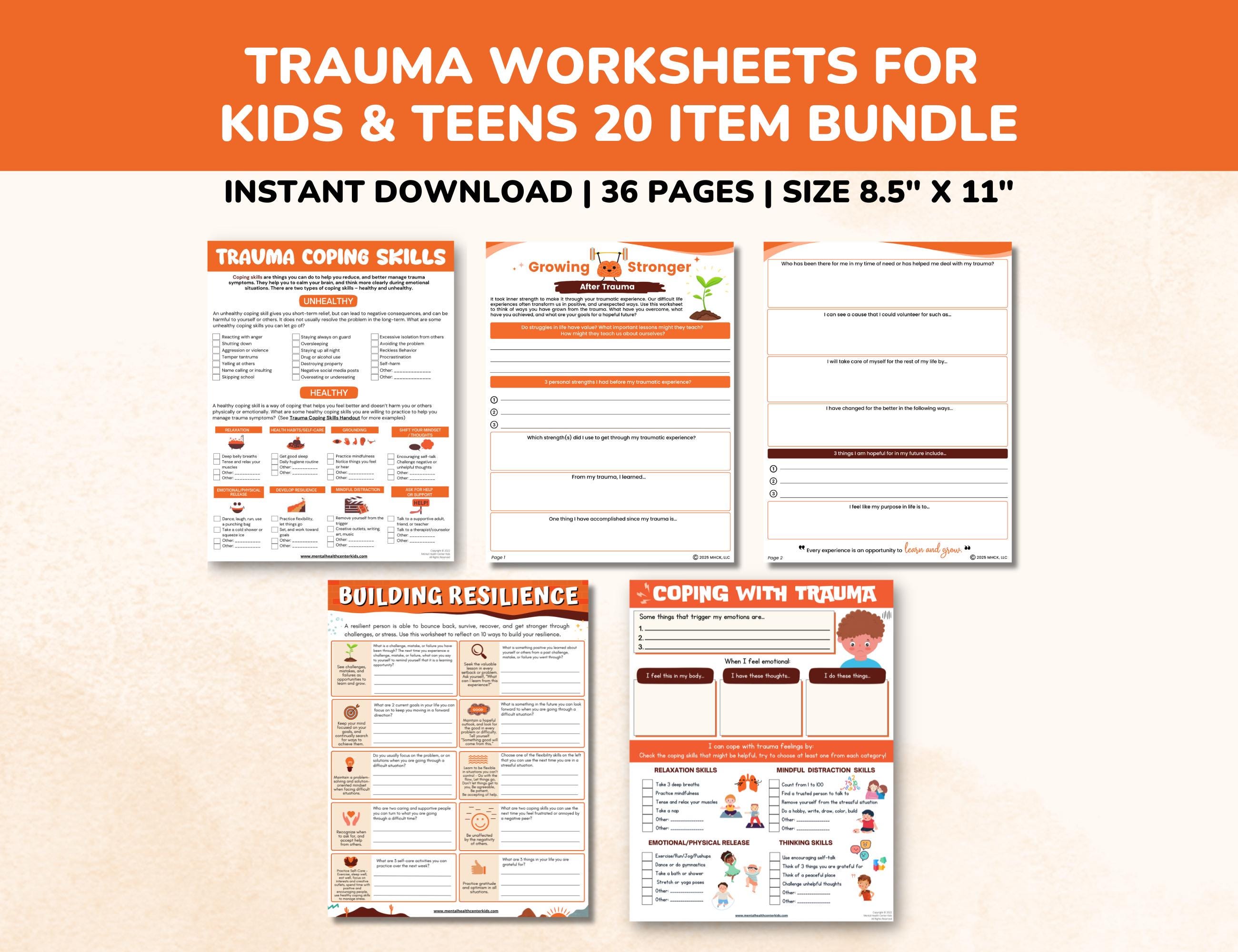 Trauma PTSD Worksheets 20 Item Printable Bundle for Kids & Teens-child ...