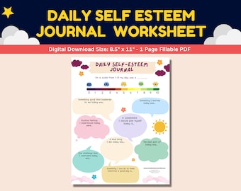 Daily Self-Esteem Journal Printable Worksheet Child Therapy Counseling Kids Teens Mental Health Self-Confidence Children Therapist Counselor