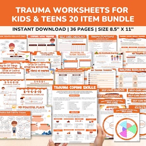 Trauma PTSD Worksheets 20 Item Printable Bundle for Kids & Teens-Child Therapy Counseling Social Emotional Learning Mental Health Relief CBT