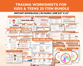 Trauma PTSD Worksheets 20 Item Printable Bundle for Kids & Teens-Child Therapy Counseling Social Emotional Learning Mental Health Relief CBT