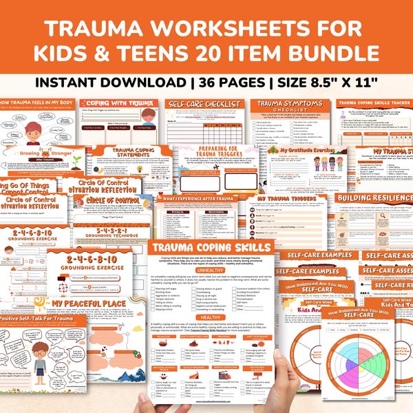 Trauma PTSD Worksheets 20 Item Printable Bundle for Kids & Teens-Child Therapy Counseling Social Emotional Learning Mental Health Relief CBT