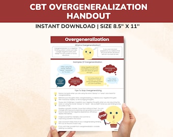 Puede incluir: Un folleto imprimible sobre técnicas de terapia cognitivo-conductual (TCC) para superar la generalización excesiva. El folleto presenta una bombilla de dibujos animados con una señal de stop y texto que explica el concepto de generalización excesiva, ejemplos y consejos para dejar de generalizar en exceso.