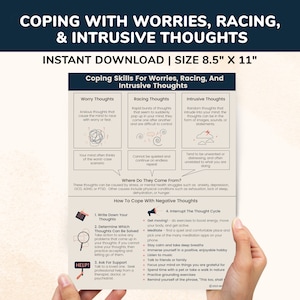 Coping Skills For Worries, Racing Thoughts, & Intrusive Thoughts Printable Anxiety Trauma ADHD DBT Therapy Poster Counseling Worksheets PDF