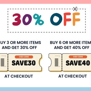 May include: A promotional graphic with the text "30% OFF" in colorful letters. It includes coupons with the codes "SAVE30" and "SAVE40" for discounts on multiple item purchases. The text "AT CHECKOUT" is also present.