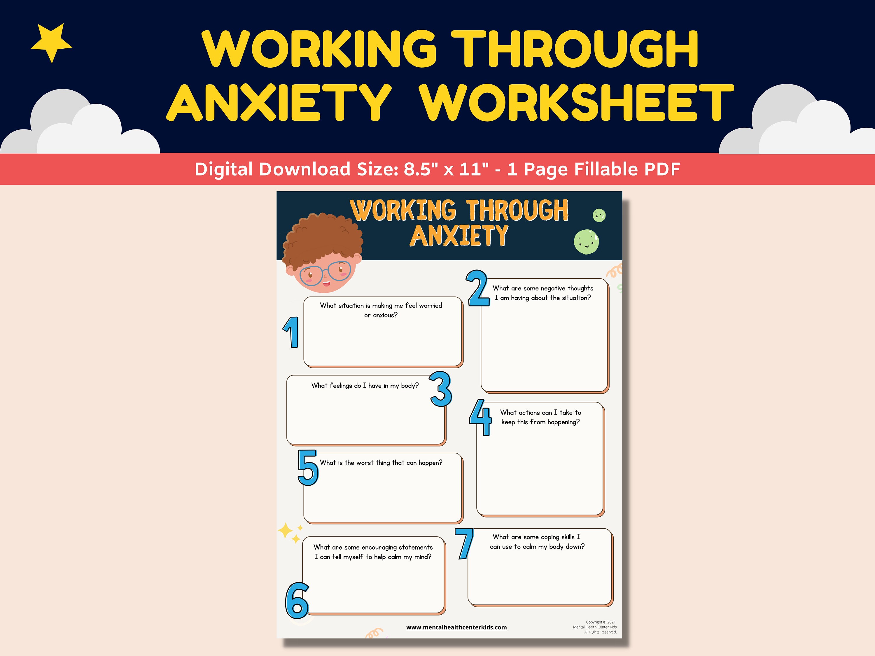 anxiety worksheet kids children fillable pdf therapy worksheet etsy