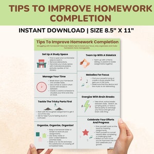 May include: A printable poster with tips to improve homework completion. The poster is divided into sections with colorful icons and text. The sections include: Set Up A Study Space, Manage Your Time, Tackle The Tricky Parts First, Organize, Organize, Organize!, Team Up With A Sidekick, Melodies For Focus, Energize With Brain Breaks, and Celebrate Your Efforts And Progress.