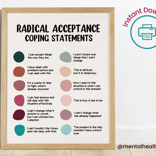 Radical Acceptance DBT Poster-Distress Tolerance Coping Skills-DBT Affirmations Coping Statements School Counselor Therapist Office Decor