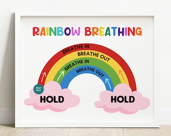 Breathing Exercise Printable Coping Skills Poster For Kids-Rainbow Breathing Wall Art-School Social Worker Office Decor Counseling Office